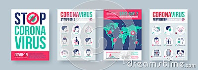 Coronavirus poster set with infographics elements. Novel coronavirus 2019-nCoV banners. Concept of dangerous Covid-19 pandemic. Vector Illustration